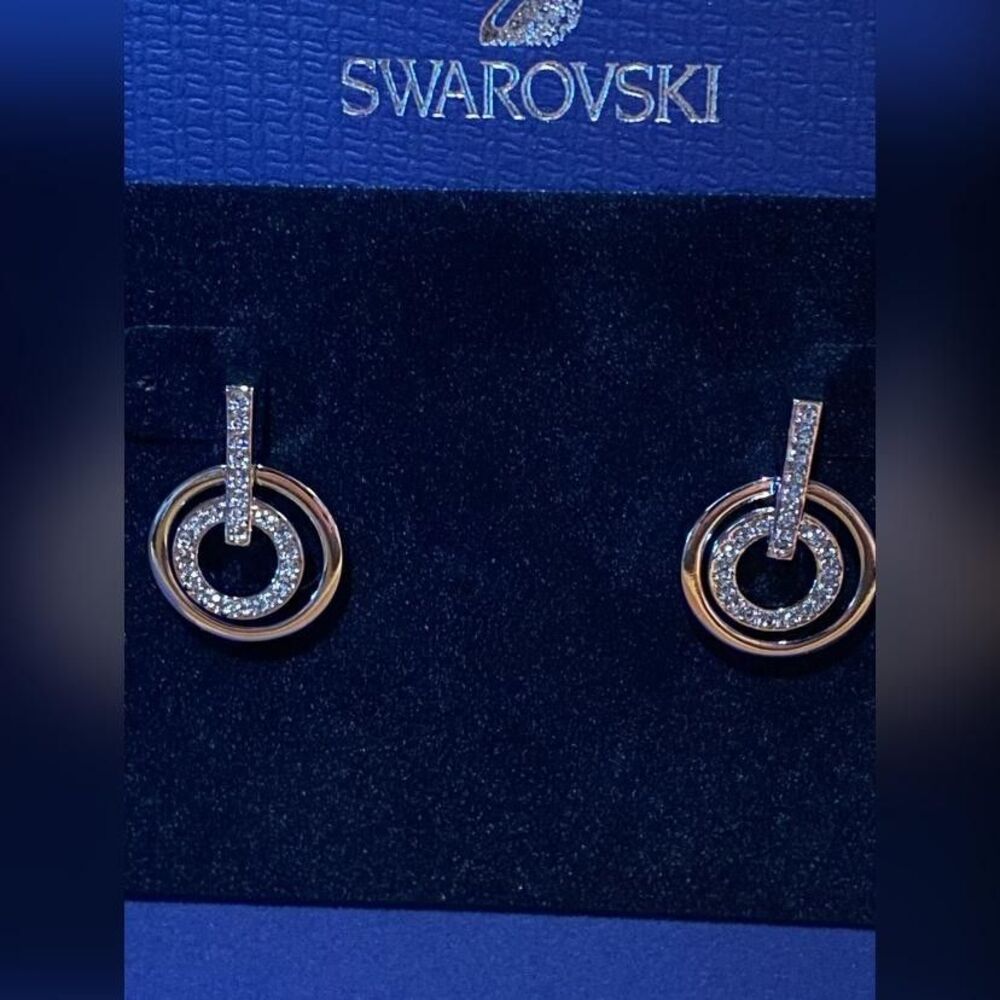 Swarovski Gold Tone Circle Dangle Drop Earrings Women's Clear Crystal Pierced